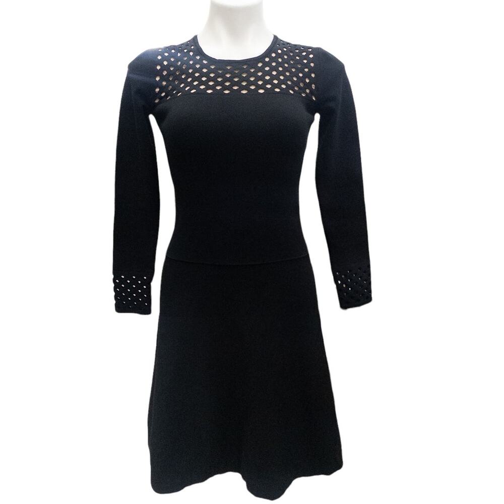 Authentic Fendi Black Knit Perforated Detail A Line Dress Stretchy Long Sleeve